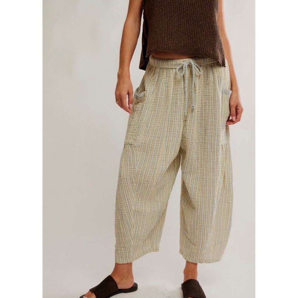free people quinn striped pants in chamomile yellow & blue, women size medium